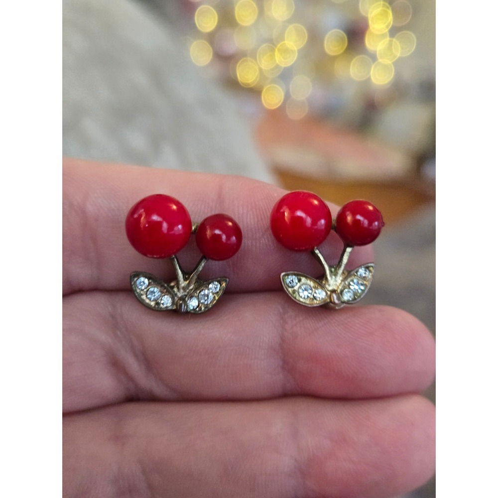Cherry Rhinestone Earrings Vintage Pierced